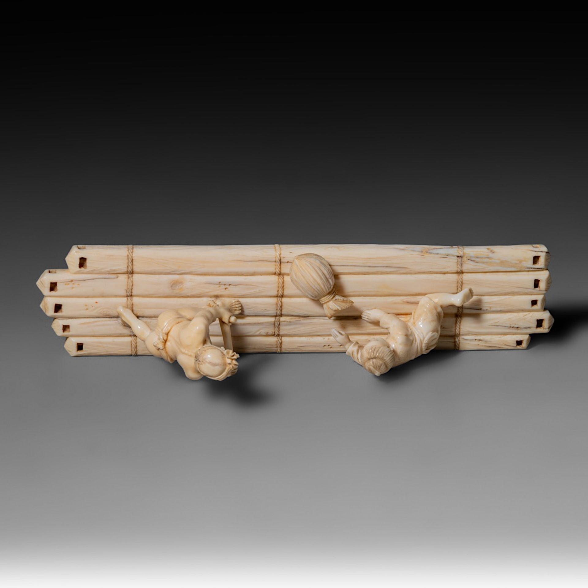 Two Japanese Meiji-period (1868-1912) ivory okimono; one depicts a man rowing a raft while a child s - Image 10 of 19