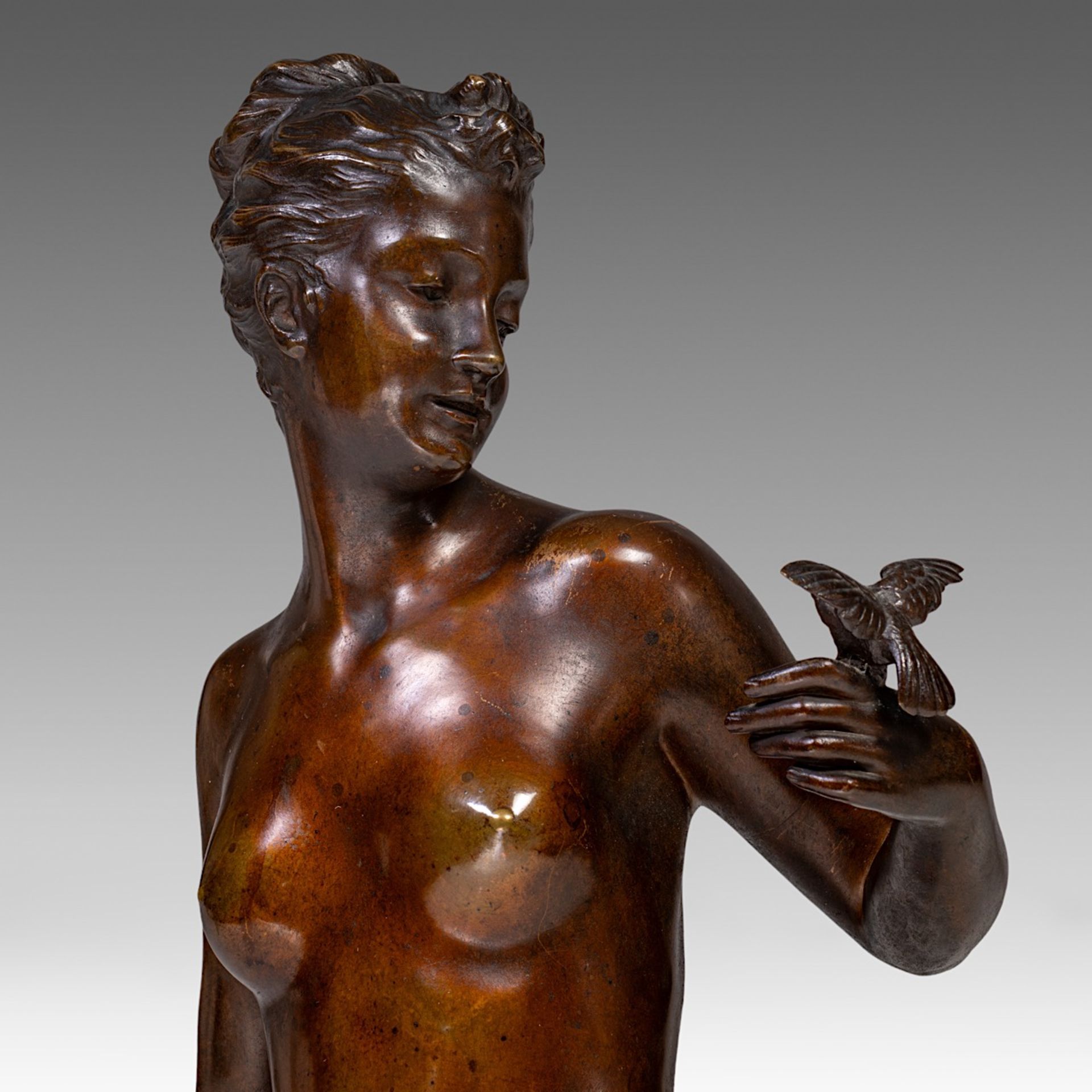 Signed 'Telemaque', Venus with bird, patinated bronze, H 75 cm - Image 7 of 10
