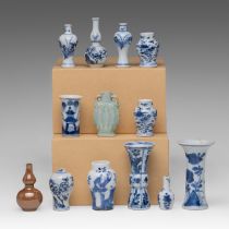 A collection of thirteen Chinese miniature vases and bottles, mainly blue and white and of Kangxi pe