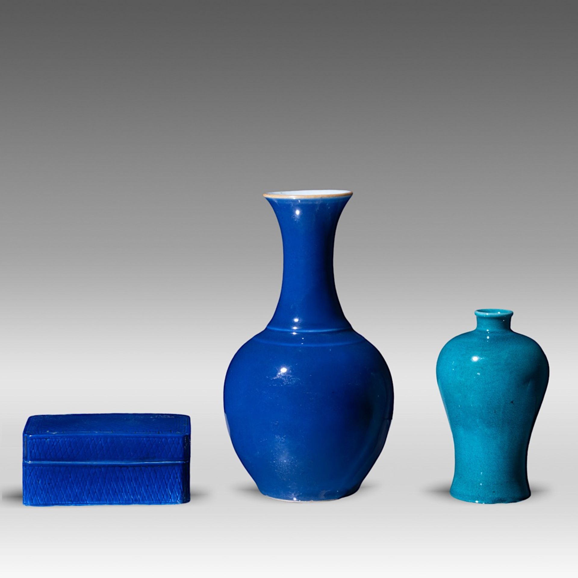 A small collection of three monochrome blue glazed porcelain ware, Qianlong period and late Qing, Ta - Image 2 of 8