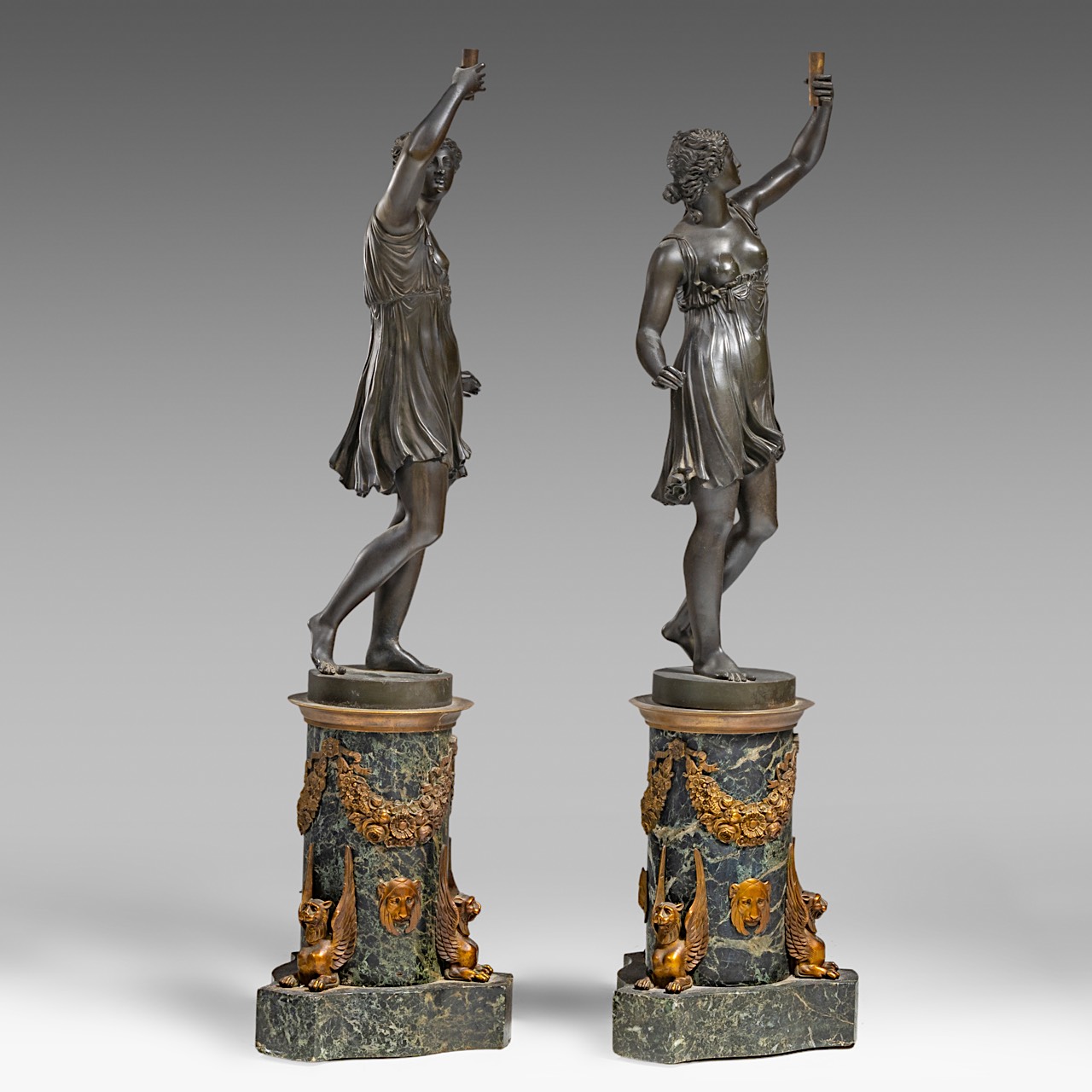 A pair of Empire style patinated bronze and vert de mer marble figural sculptures, H 86 cm - Image 5 of 6