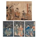 A large Japanese woodblock print by Kitao Masanobu (1761-1816) and a triptych by Kunisada (1786-1865