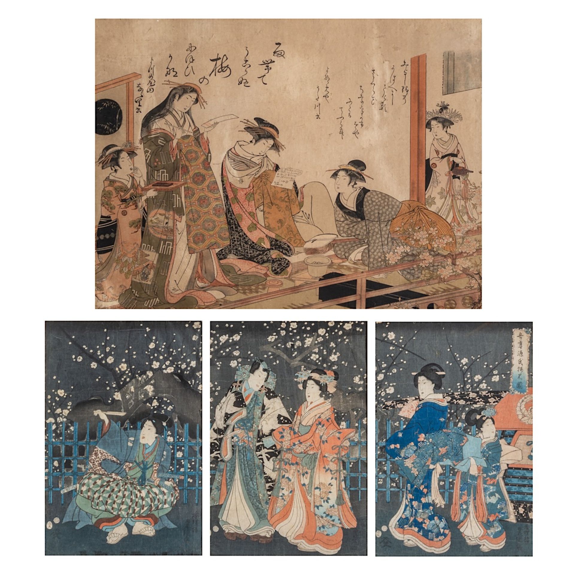 A large Japanese woodblock print by Kitao Masanobu (1761-1816) and a triptych by Kunisada (1786-1865