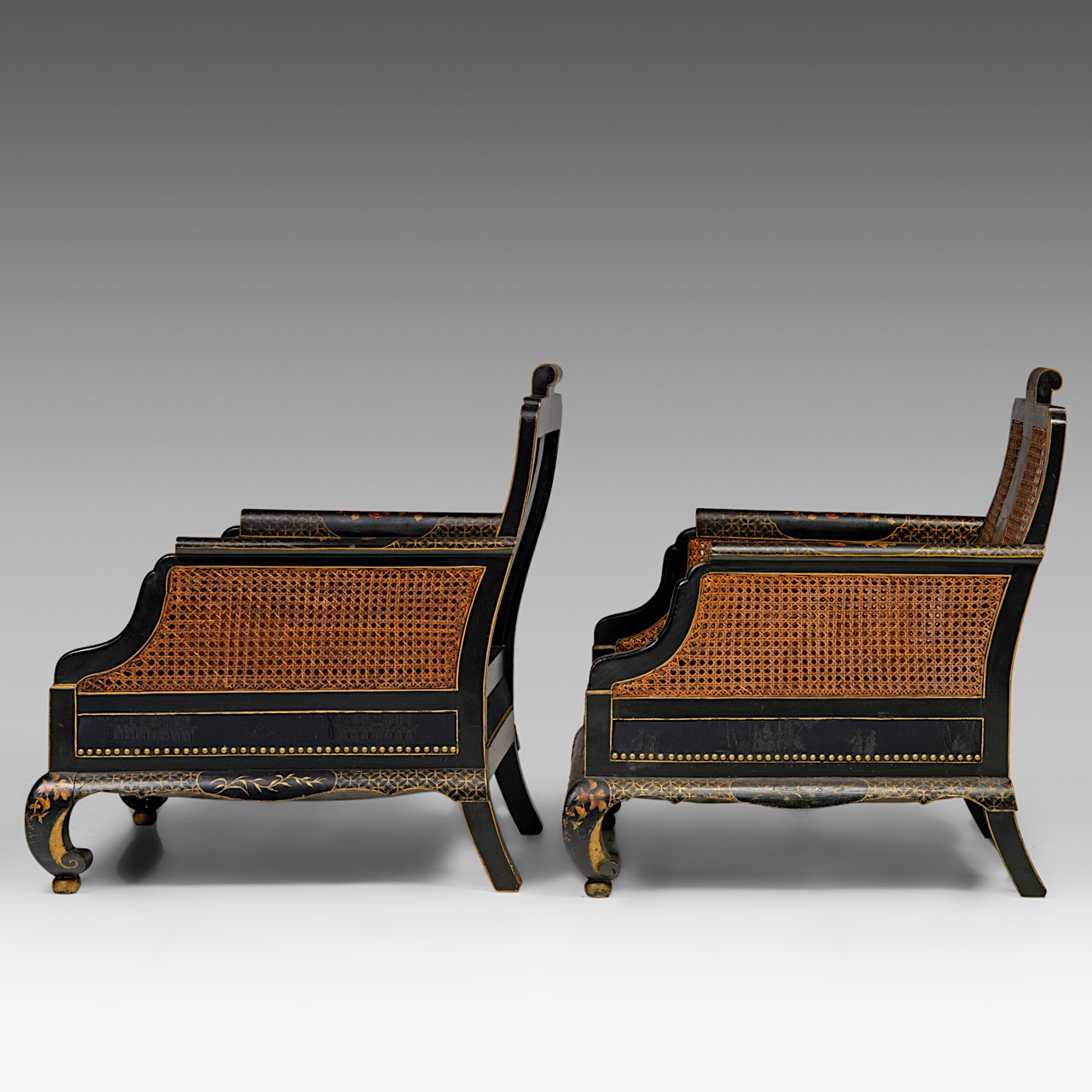 Two sets of handpainted Japonisme armchairs, with wicker panels, signed, H total 84 cm - H seat 36 c - Image 2 of 12