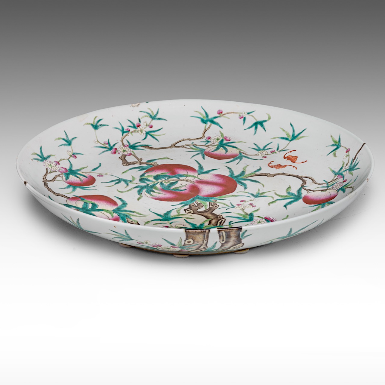 A large Chinese 'Nine Peaches' plate, with a Qianlong mark, Guangxu period, dia 47 cm - Image 5 of 5
