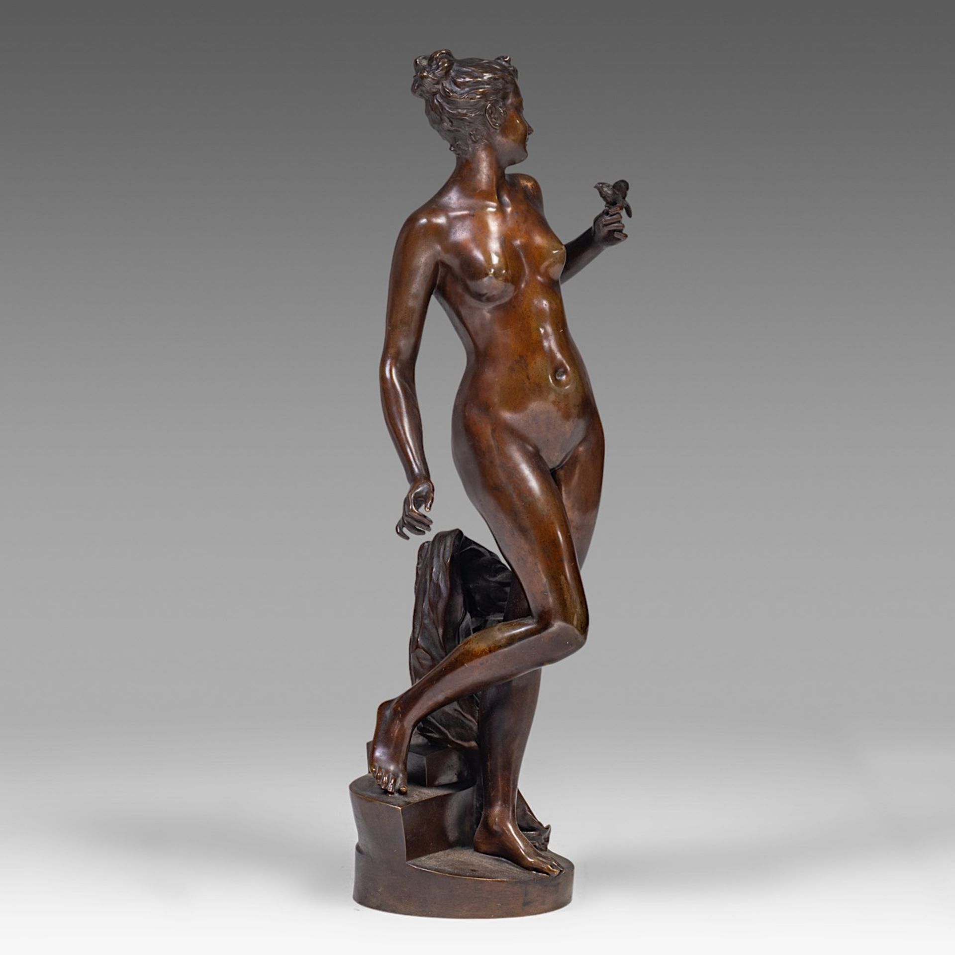 Signed 'Telemaque', Venus with bird, patinated bronze, H 75 cm - Image 6 of 10