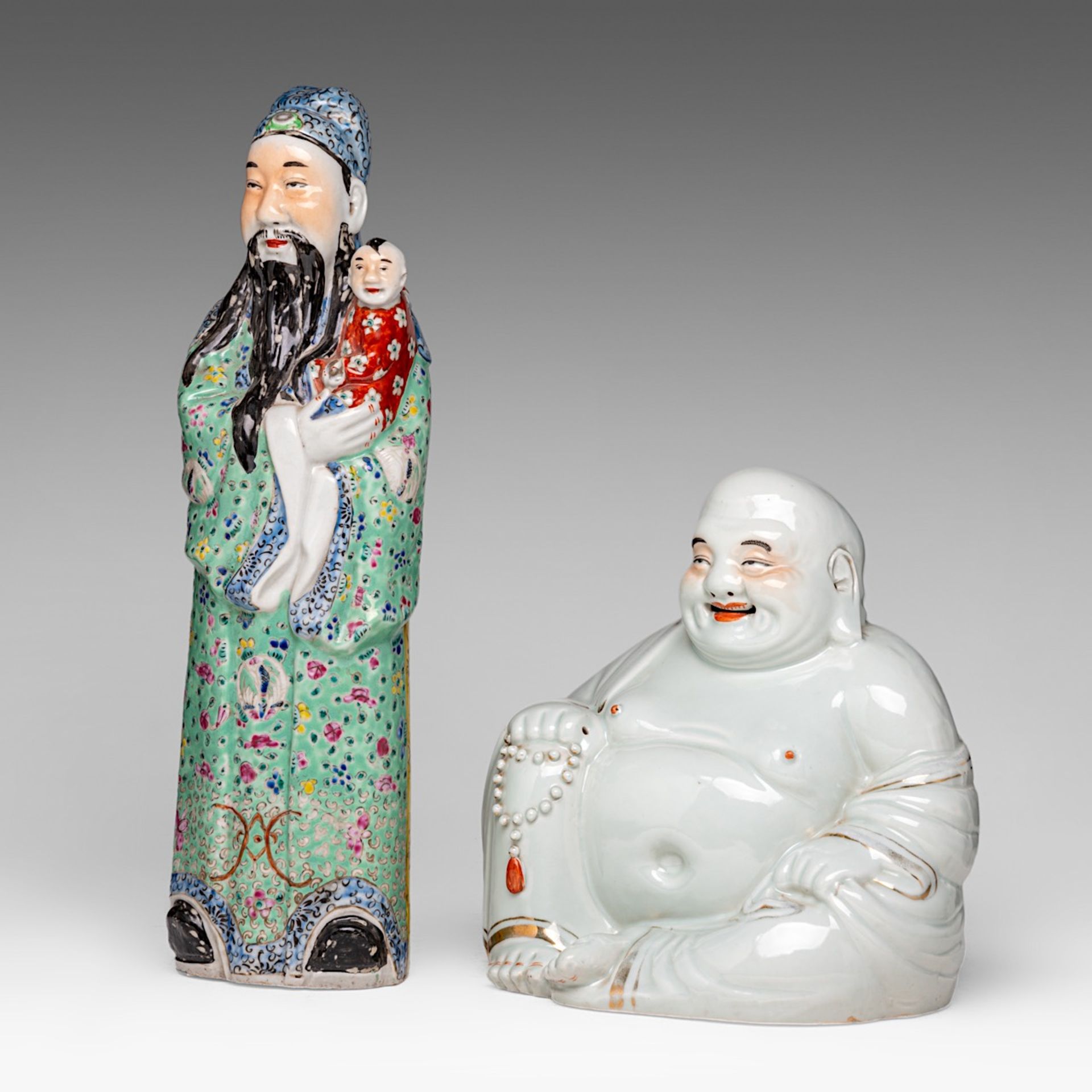 A Chinese famille rose enamelled biscuit figure of a smiling Budai and Fu Xing, one with an impresse - Image 2 of 14