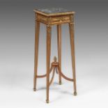 A walnut marble-topped Louis XVI-style side table with gilt bronze mounts, H 87,5 cm - W 30 cm - D 3