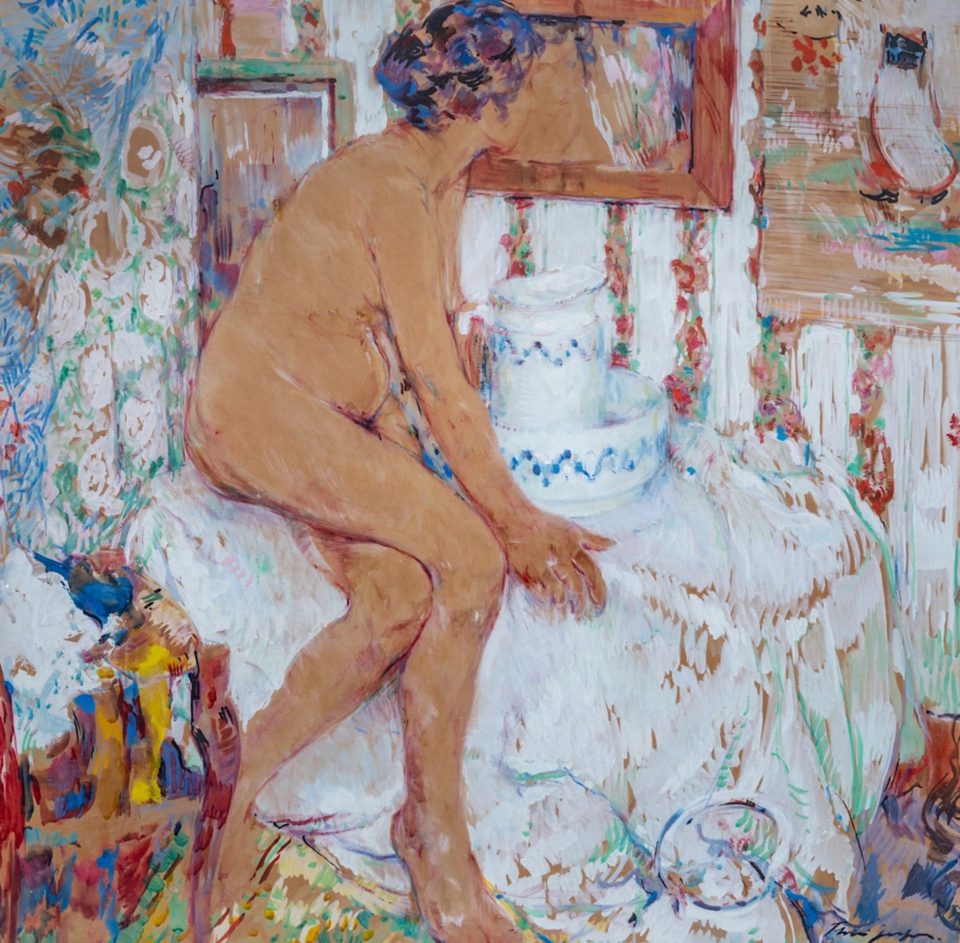 Floris Jespers (1889-1965), female nude sitting in an interior, 1915, watercolour and gouache on pap