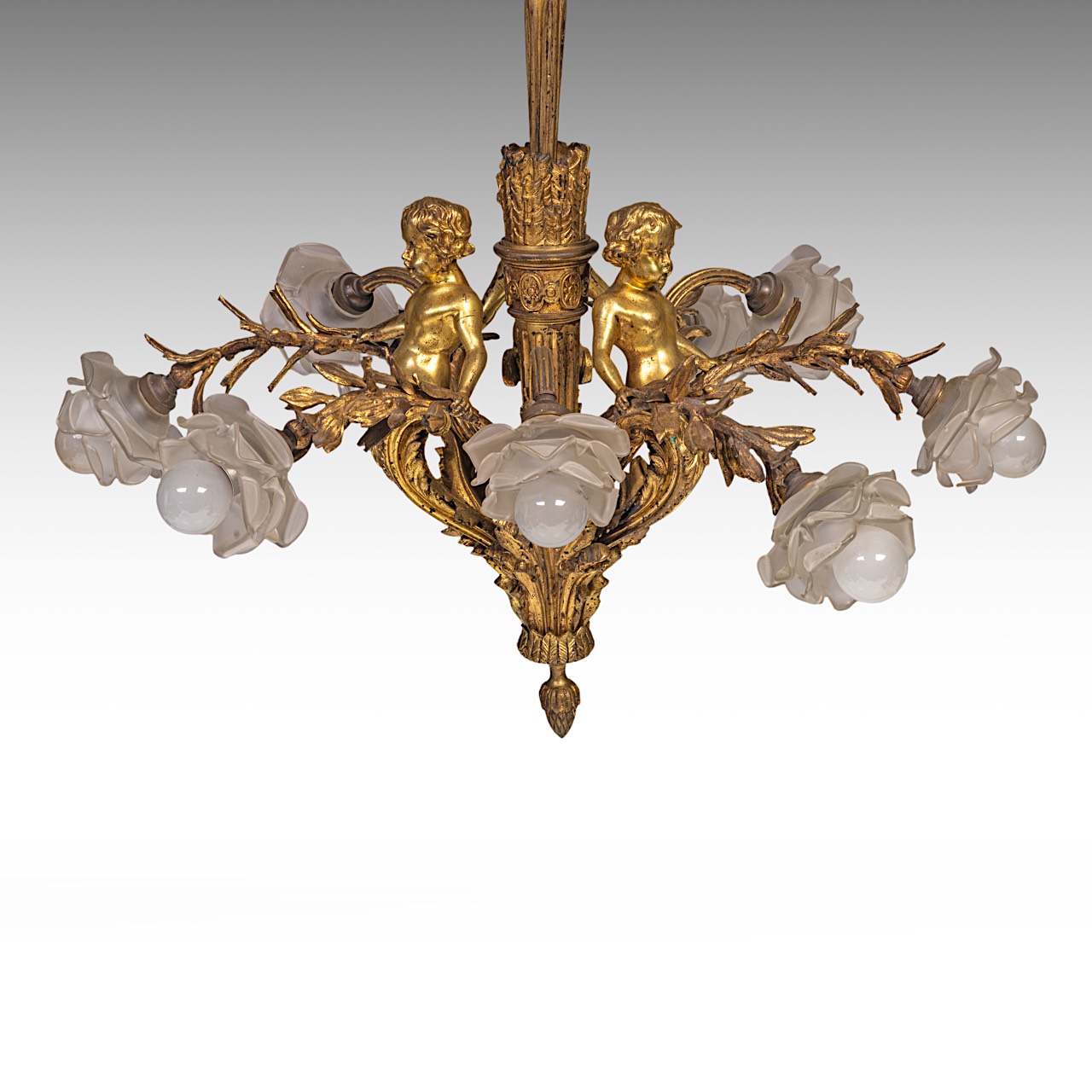 A Neoclassical gilt bronze chandelier, decorated with putti, H 80 cm - Image 6 of 7