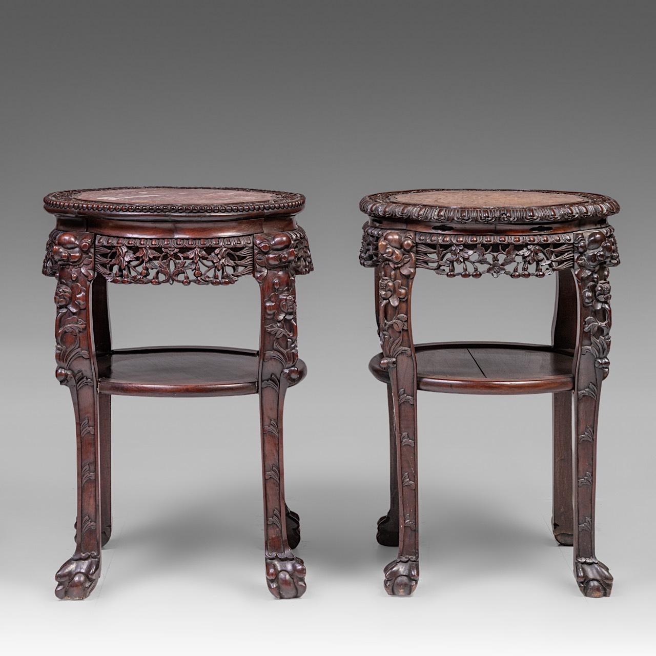 A small collection of four South Chinese carved hardwood bases, all with a marble top, late Qing, ta - Image 4 of 17