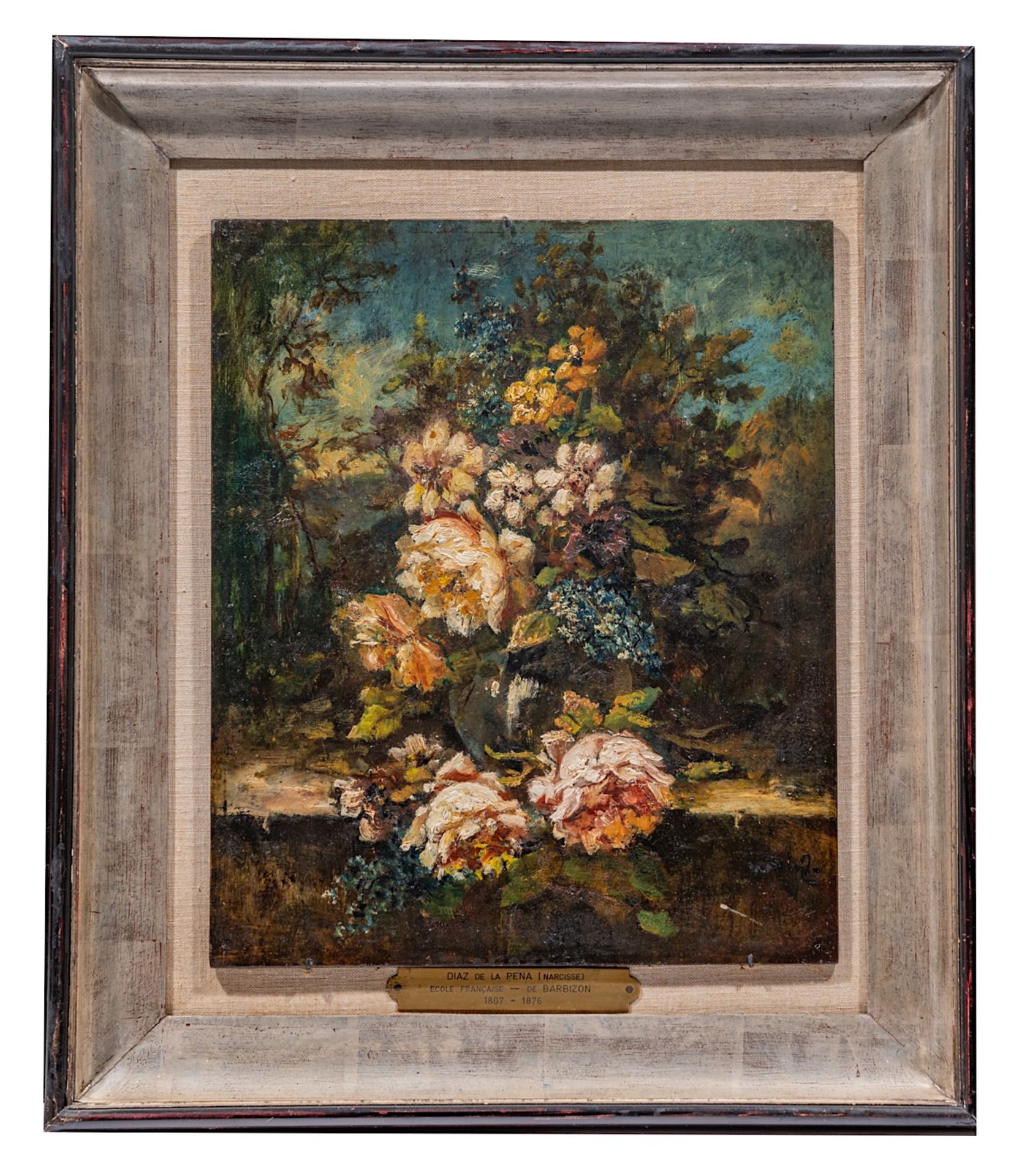 Narcisse Diaz de la Pena (1807-1876), flower still life, oil on mahogany 36 x 30 cm. (14.1 x 11.8 in - Image 2 of 5