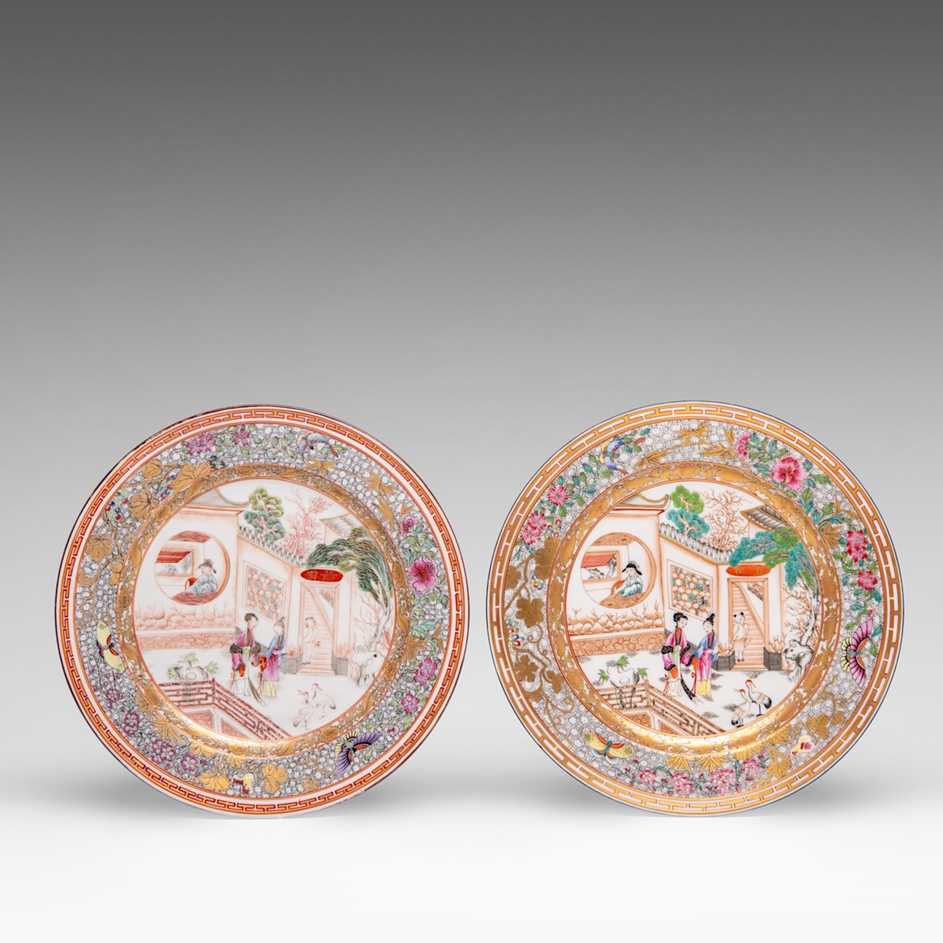 A series of 9 French Samson famille rose 'Romance of the Western Chamber' dishes, 19thC, dia 23,5 - - Image 4 of 11