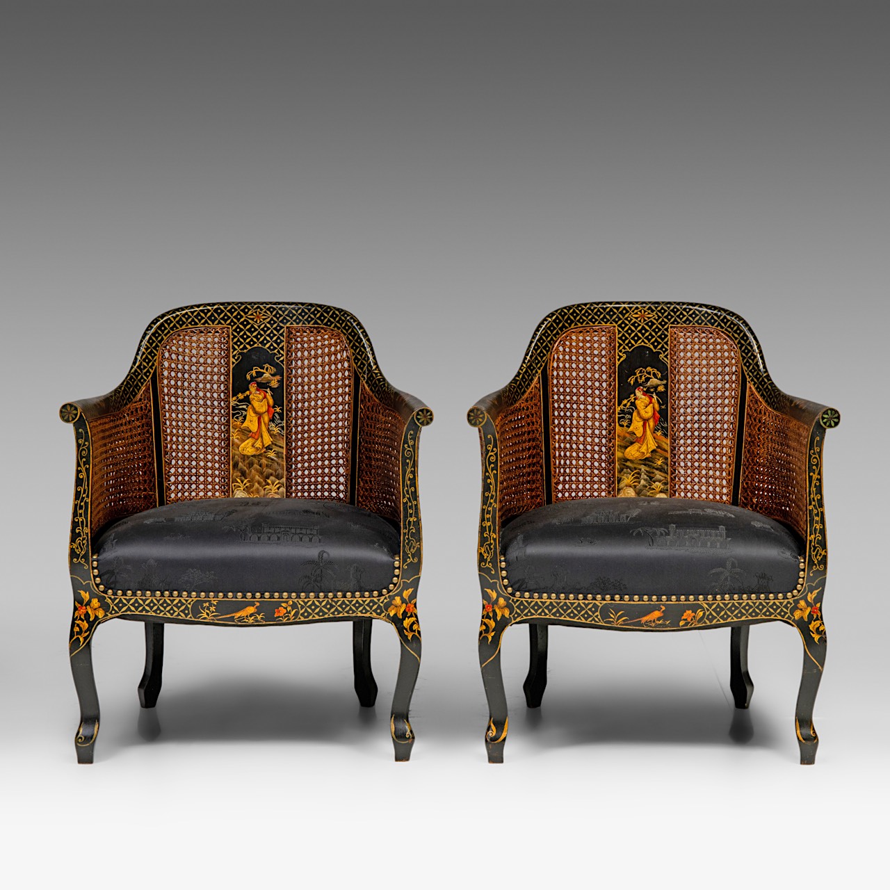 Two sets of handpainted Japonisme armchairs, with wicker panels, signed, H total 84 cm - H seat 36 c - Image 7 of 12