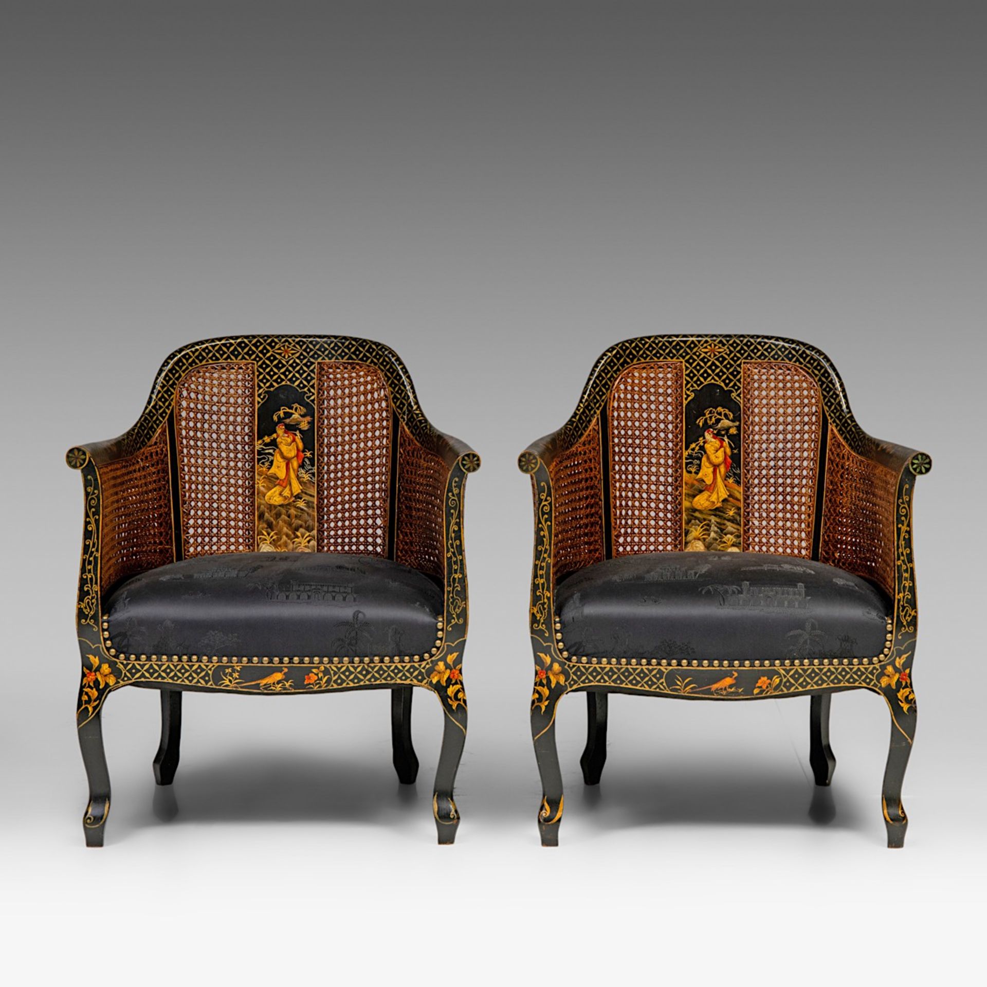 Two sets of handpainted Japonisme armchairs, with wicker panels, signed, H total 84 cm - H seat 36 c - Bild 7 aus 12