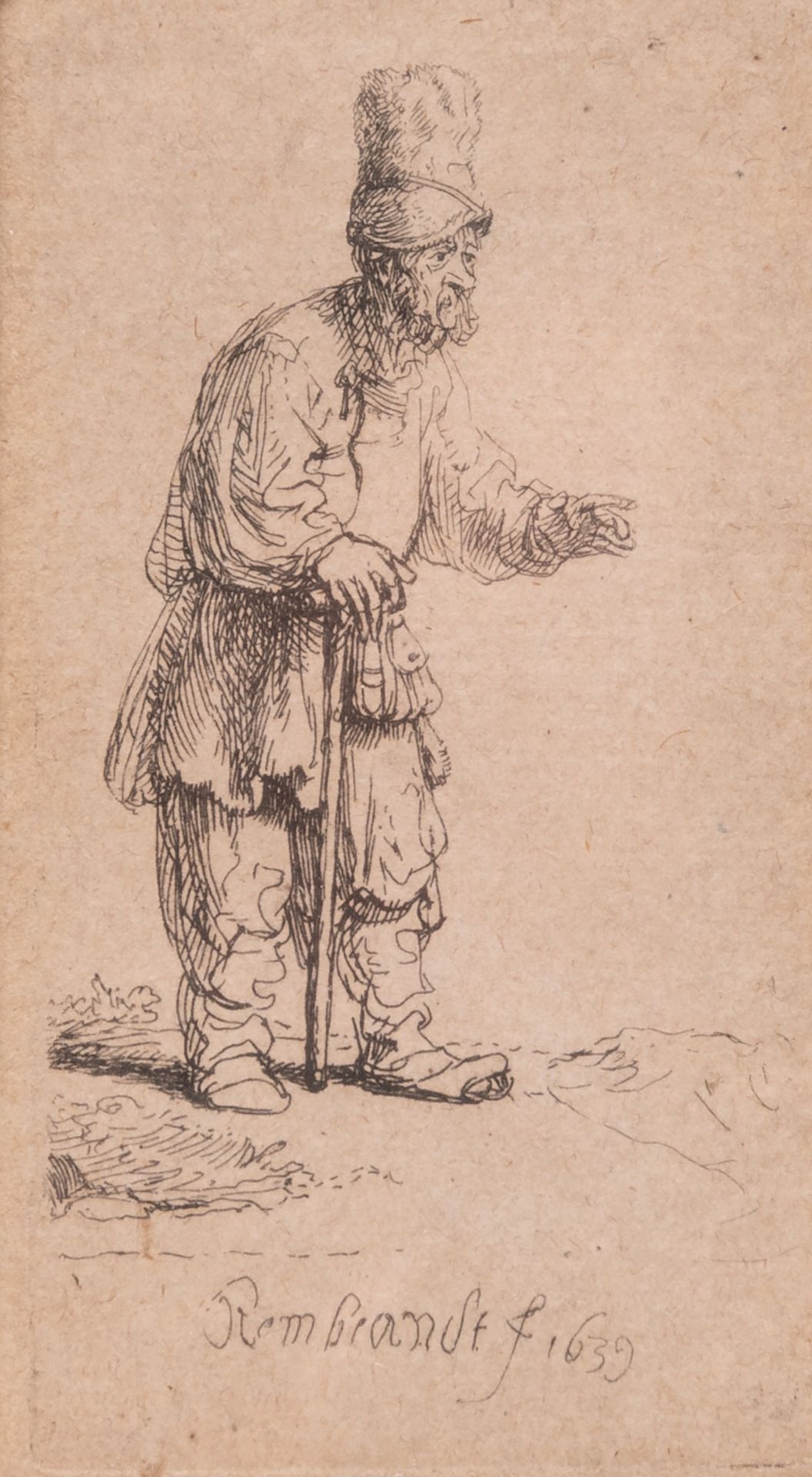 Rembrandt (1606/07-1669), etching 'A Peasant in a High Cap, Standing Leaning on a Stick' (1639), fra