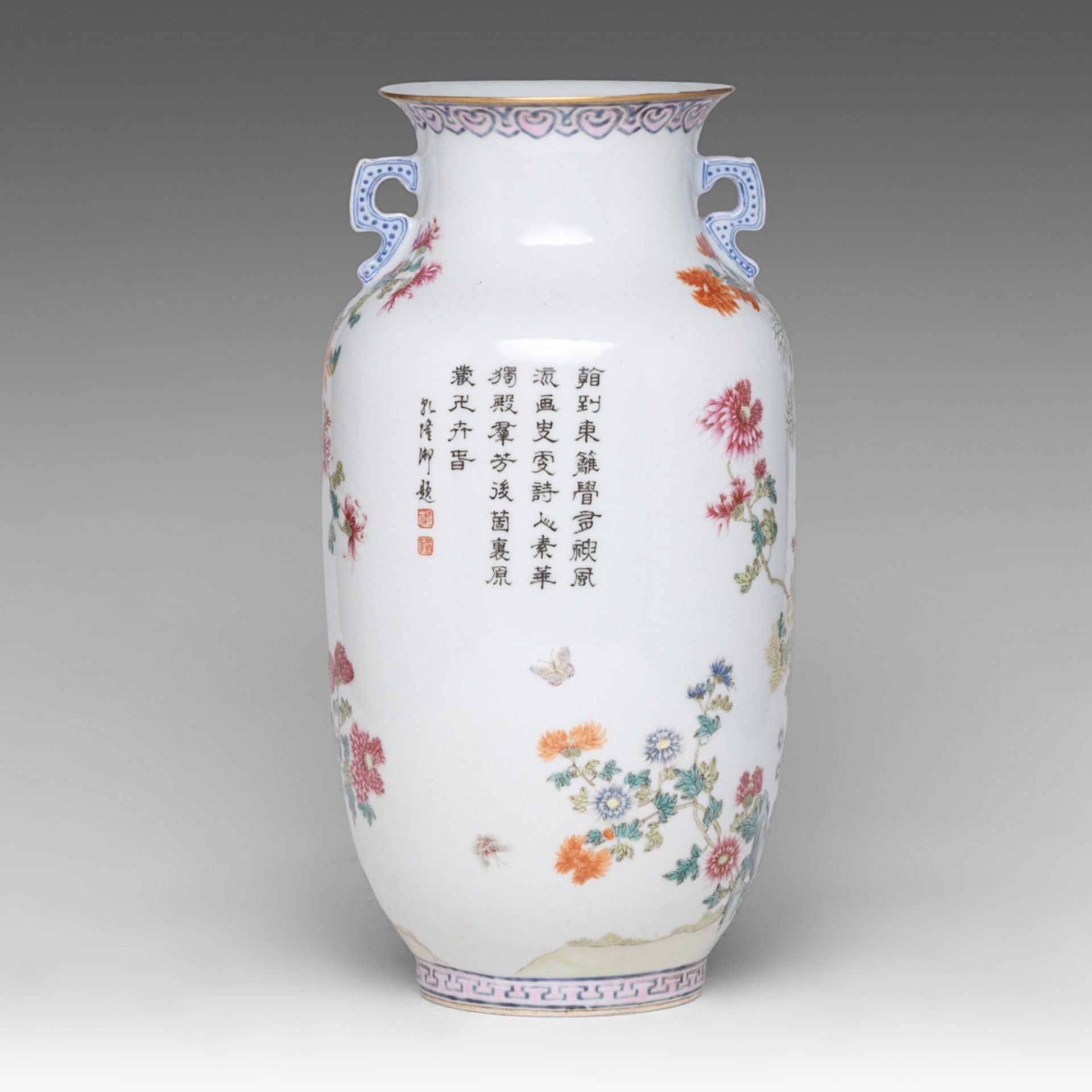 A Chinese famille rose 'Flower Garden' vase, the back with a signed text, with a Qianlong mark, H 32 - Bild 3 aus 6