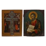 Two Russian icons, depicting the Crucifixion with inlaid brass cross, and of the Evangelist Mark, 19