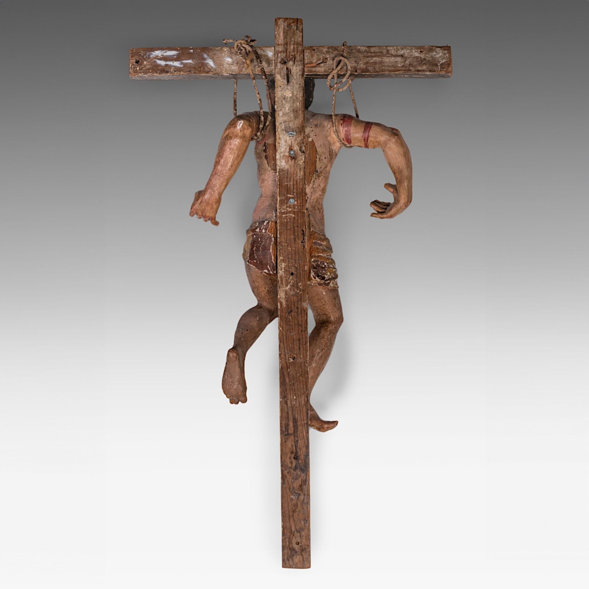 A large polychrome wooden sculpture of 'The Penitent Thief, Dismas', 16th/17thC, Spain, H 110 cm (th - Image 2 of 6