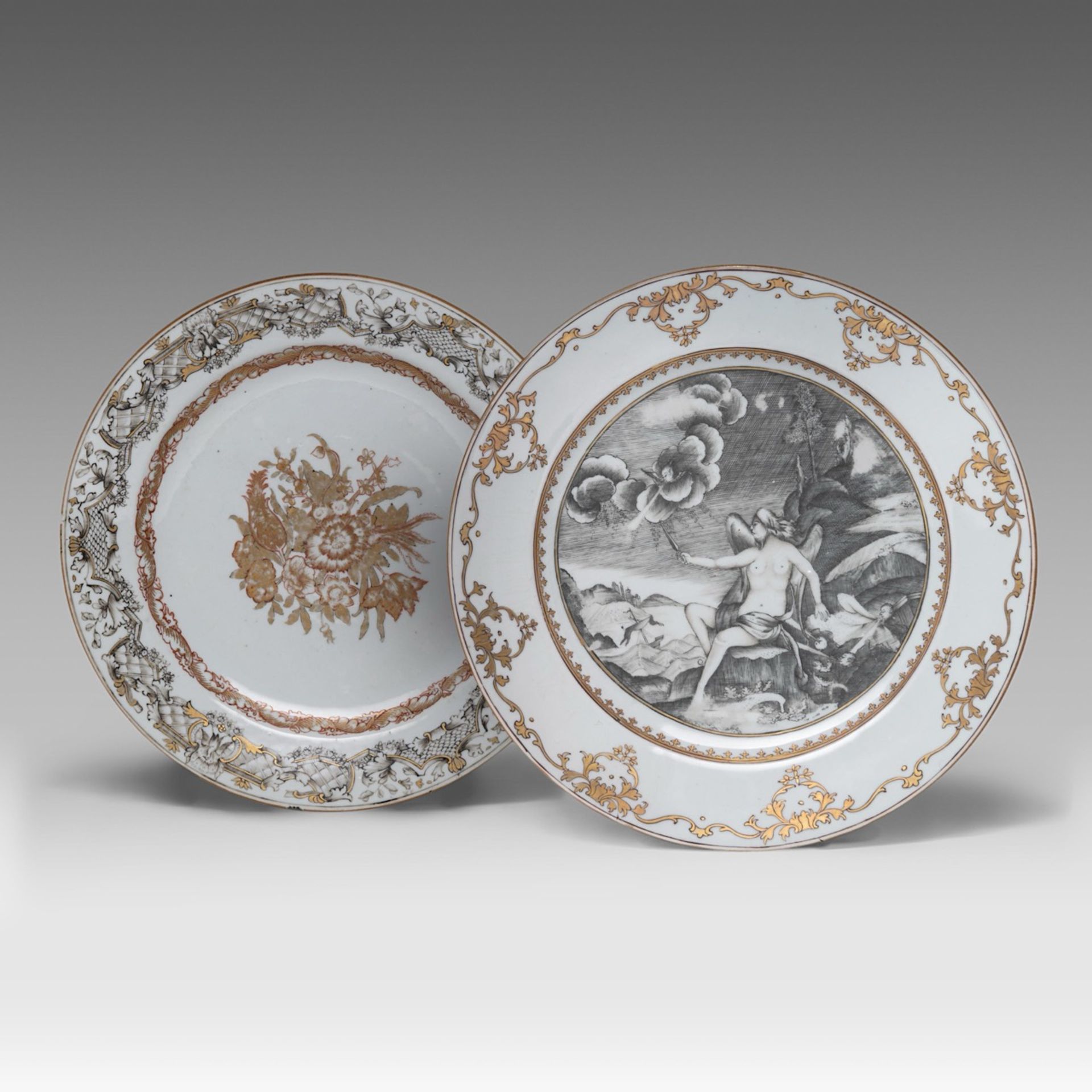 A Chinese export porcelain grisaille 'Mythological subject' dish, 18thC, dia 23 cm - added a ditto '