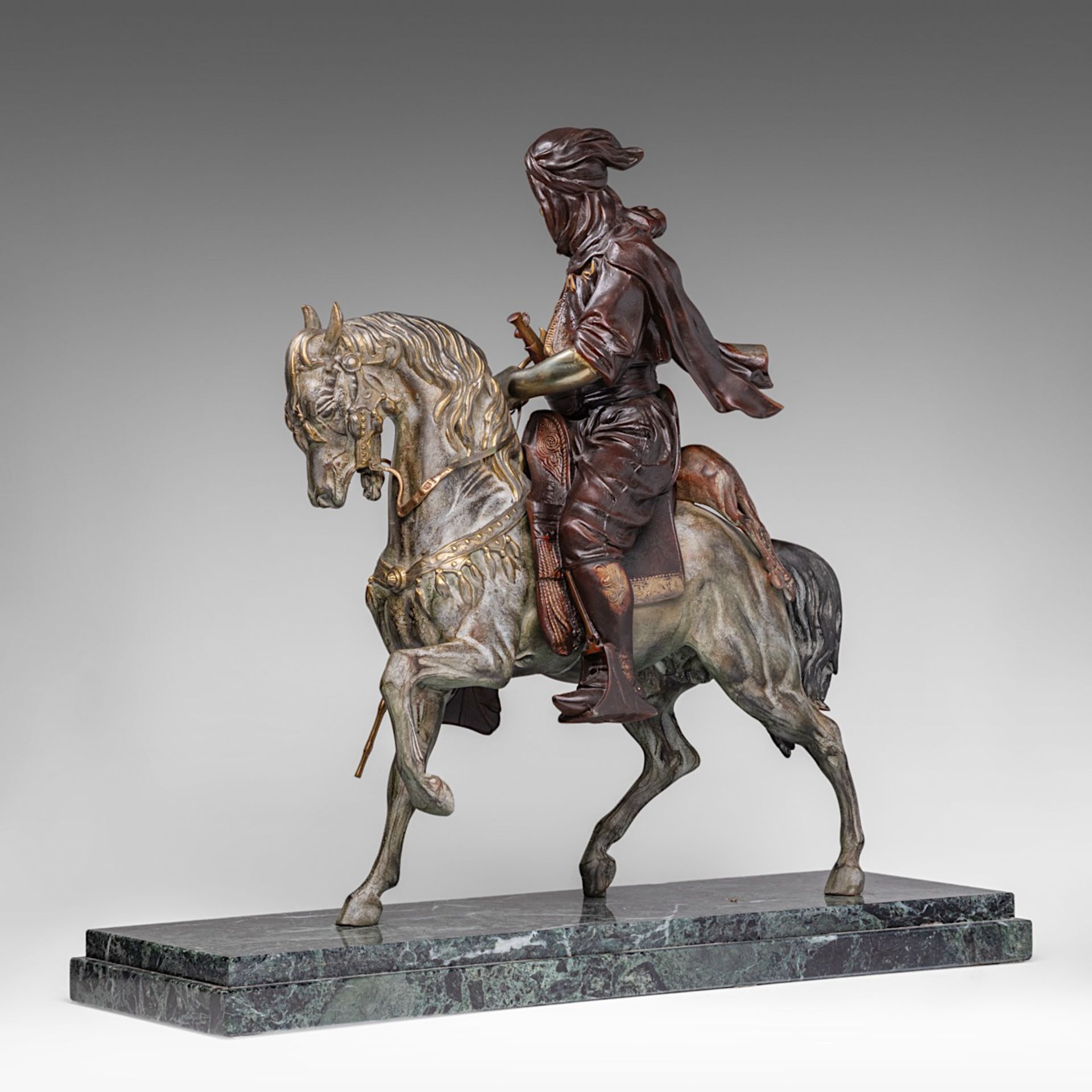 Attrib. to Alfred Barye (1839-1882), Arab horseman, patinated spelter on a vert de mer marble base, - Image 5 of 10