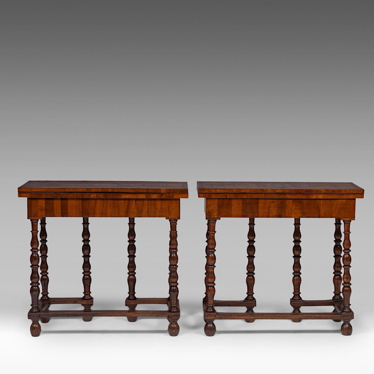 A pair of burlwood veneered walnut card tables, Dutch, 18thC, each H 78 cm - W 85 cm - D 33,5 cm (cl - Image 2 of 8