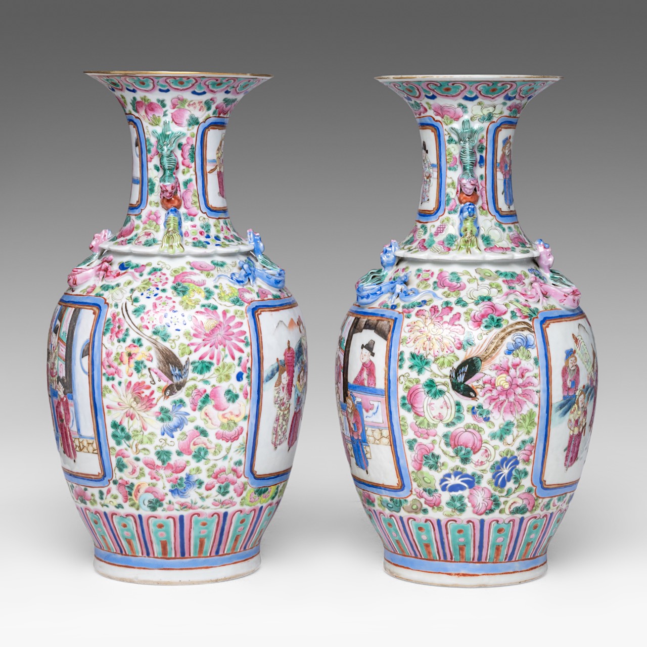 A pair of Chinese famille rose 'Romance of the Three Kingdoms' vases, late 19thC, H 43 cm - added a - Image 5 of 13