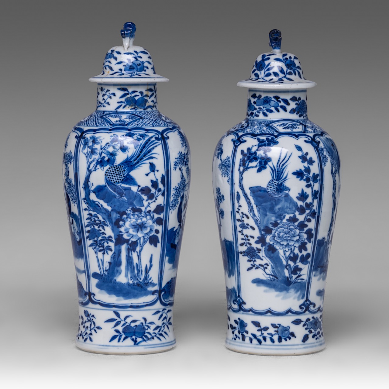 A near pair of Chinese blue and white 'Li Tieguai' lidded vases, with a Kangxi mark, 19thC, Total H - Image 4 of 8