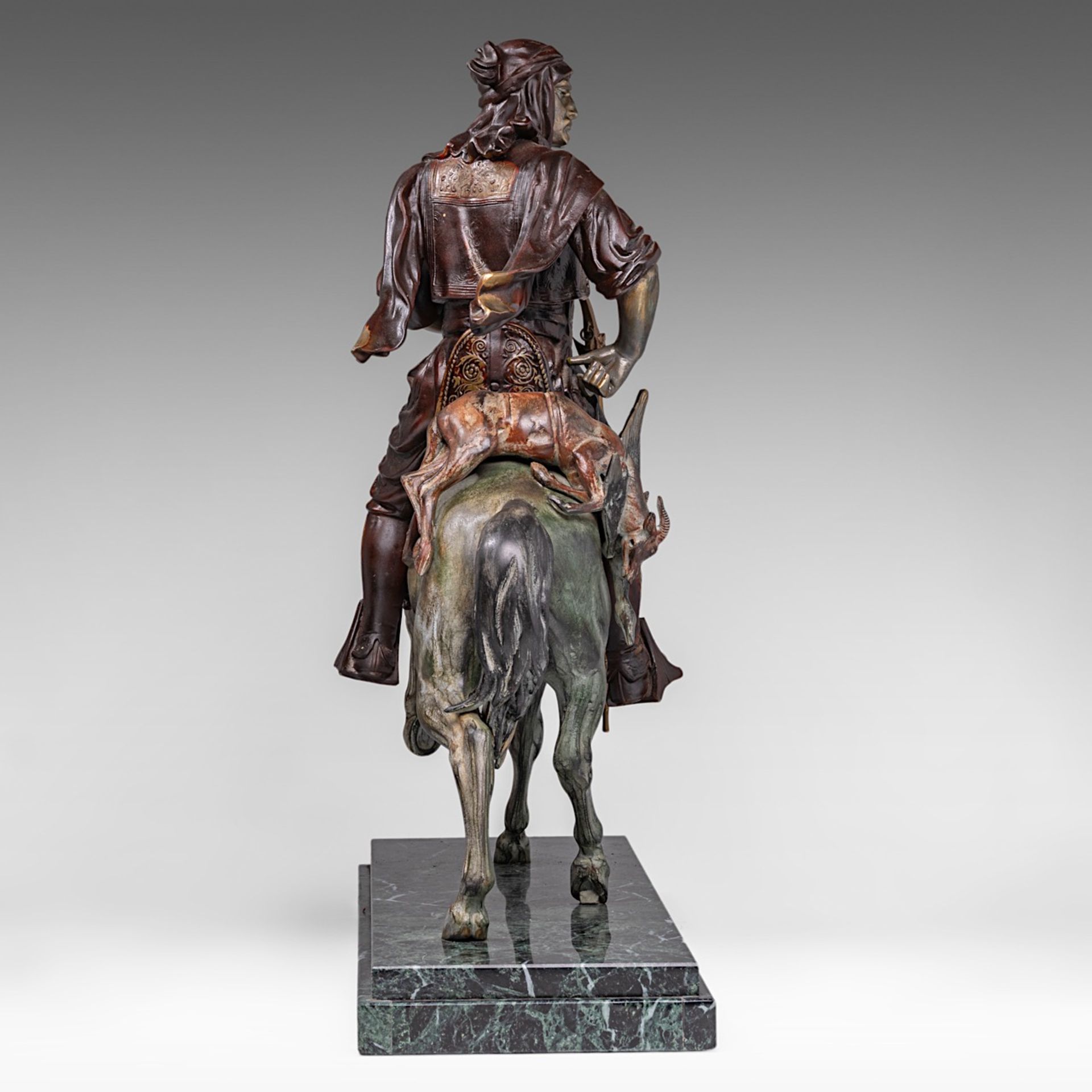 Attrib. to Alfred Barye (1839-1882), Arab horseman, patinated spelter on a vert de mer marble base, - Image 4 of 10