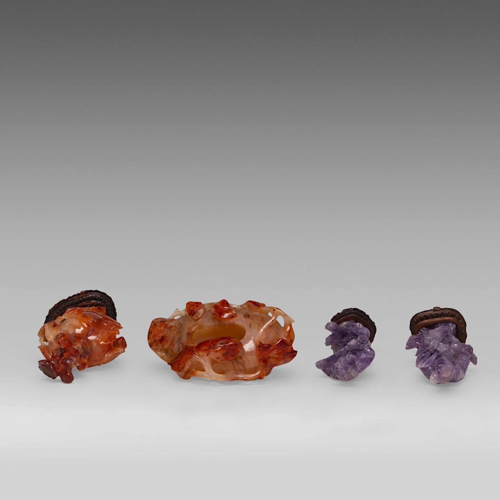 A collection of eleven Chinese mineral carvings and a pair of porcelain dishes, incl. two carnelian - Image 11 of 17
