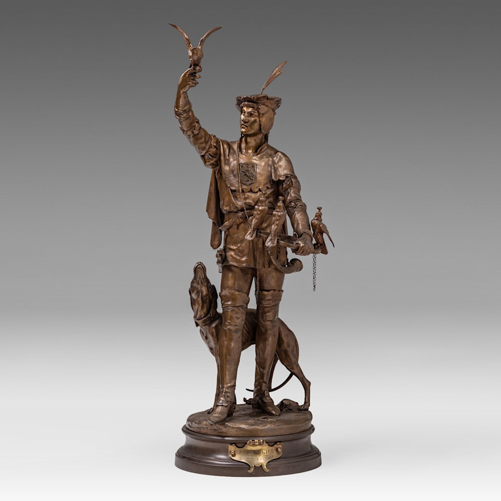 Emile Louis Picault (1833-1915), 'Le Fauconnier', patinated bronze, H 85 cm