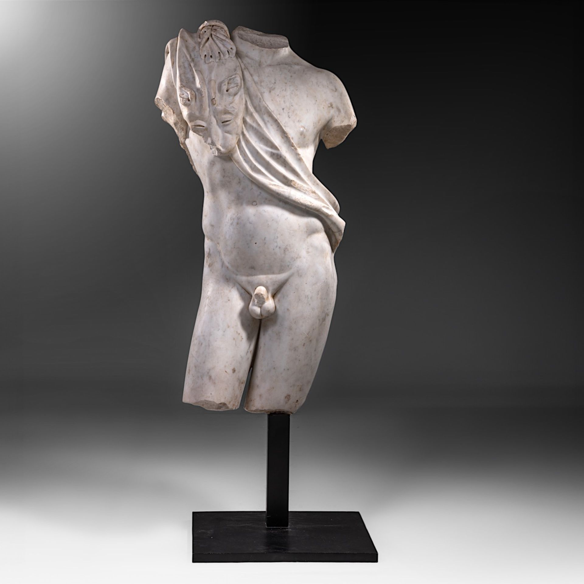 A Carrara marble torso of a resting satyr, Italian or French school, H 92 cm (torso) Height of the t