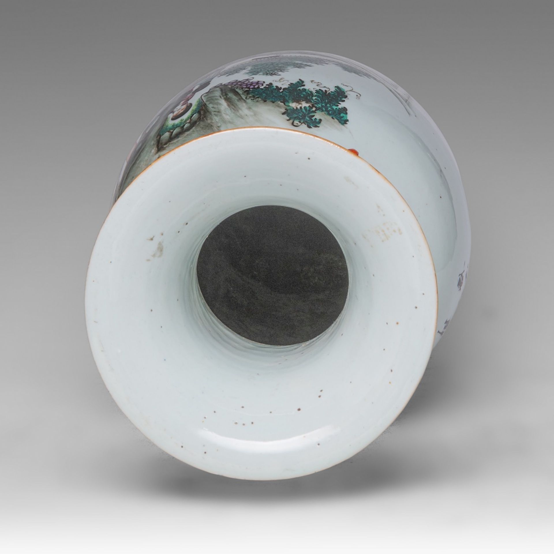 A Chinese famille rose 'Townsmen in the Park' vase, signed texts, paired with lingzhi handles, Repub - Image 5 of 6