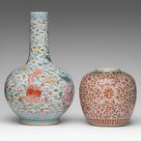 A Chinese famille rose 'Dragon' bottle vase and an iron-red and verte-jaune 'Scrolling Lotus' ginger