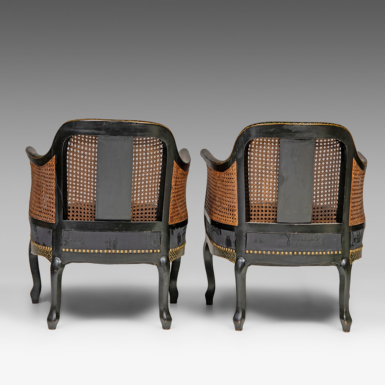 Two sets of handpainted Japonisme armchairs, with wicker panels, signed, H total 84 cm - H seat 36 c - Image 9 of 12