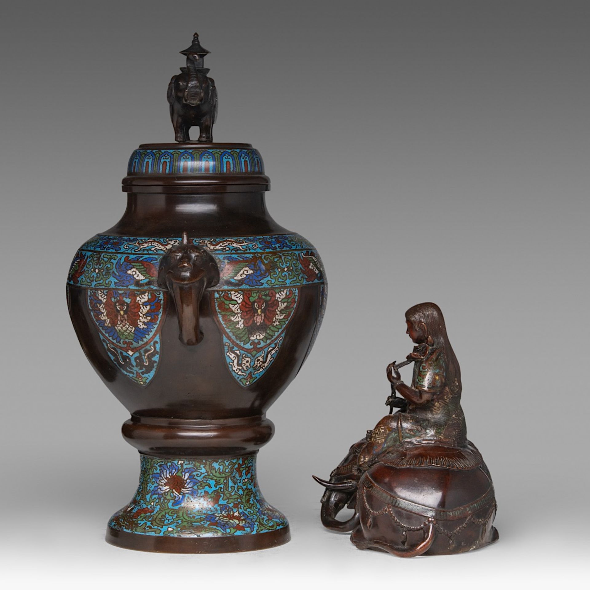 A Japanese champleve enamelled bronze censer and a ditto figure of Kannon seated on an elephant, lat - Image 2 of 8