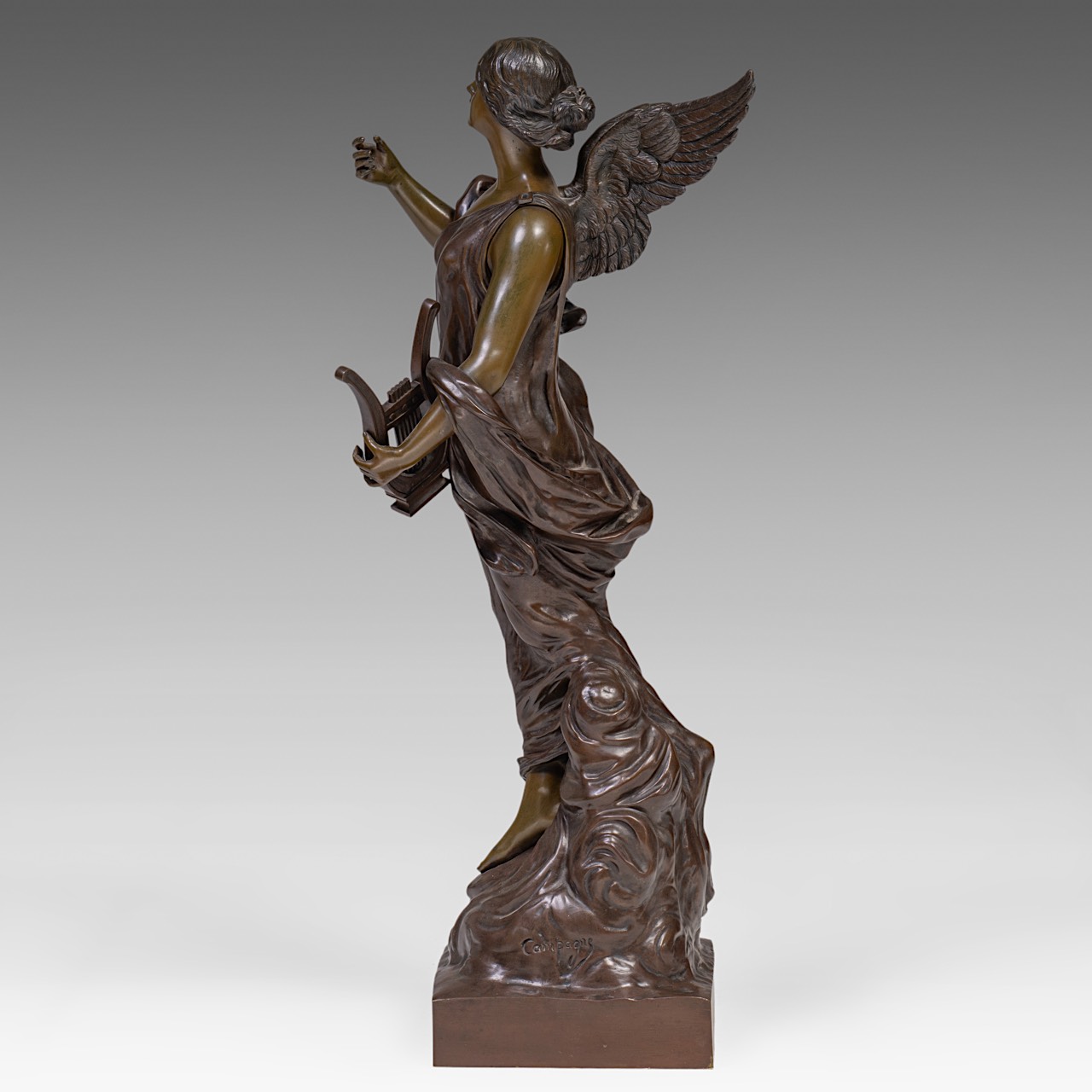 Pierre Etienne Daniel Campagne (1851-1914), 'L'inspiration', patinated bronze, H 85 cm - Image 3 of 26