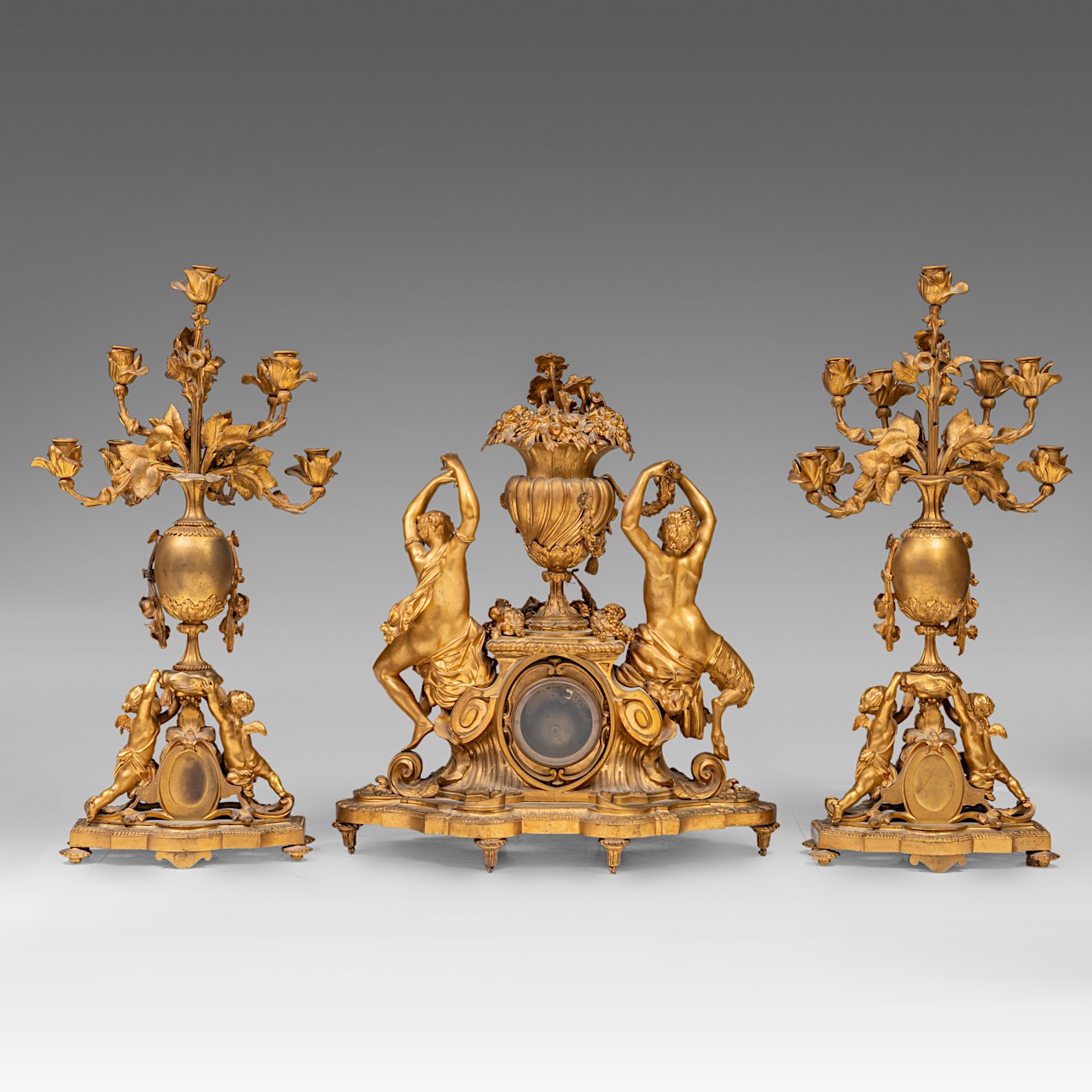 An imposing three-piece Napoleon III gilt bronze mantle clock, Lerolle Freres, Paris, H 70 - 82 cm - Image 3 of 12
