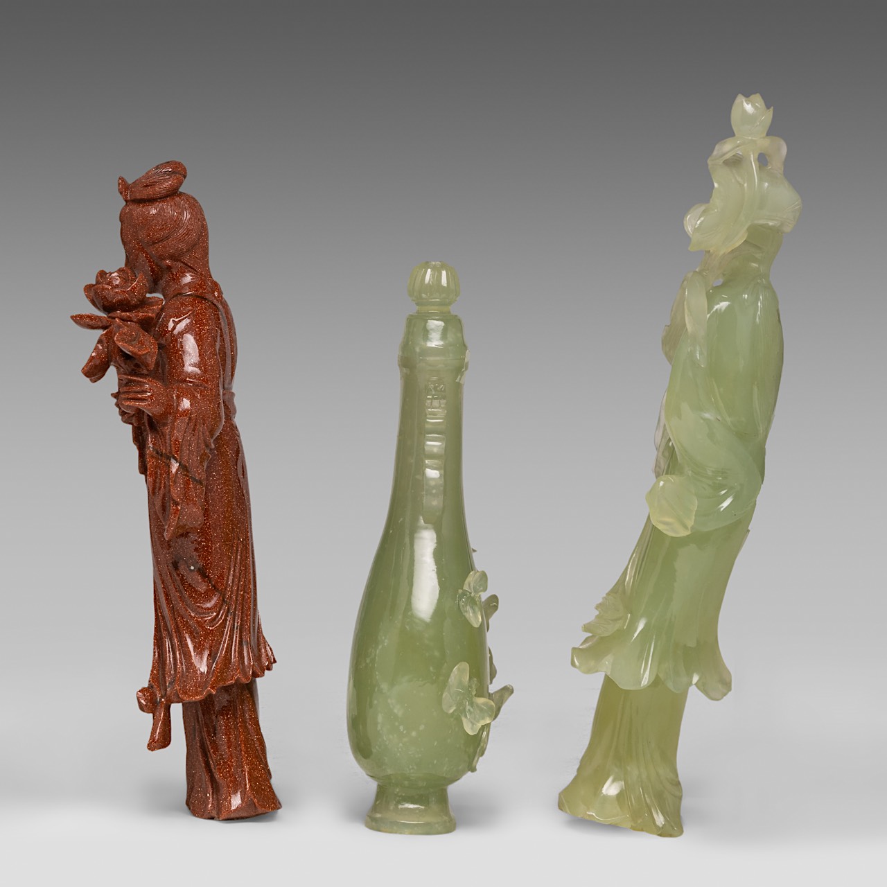 A collection of six Chinese mineral carvings and three porcelain footed bowls, Tongzhi mark and of t - Image 17 of 32