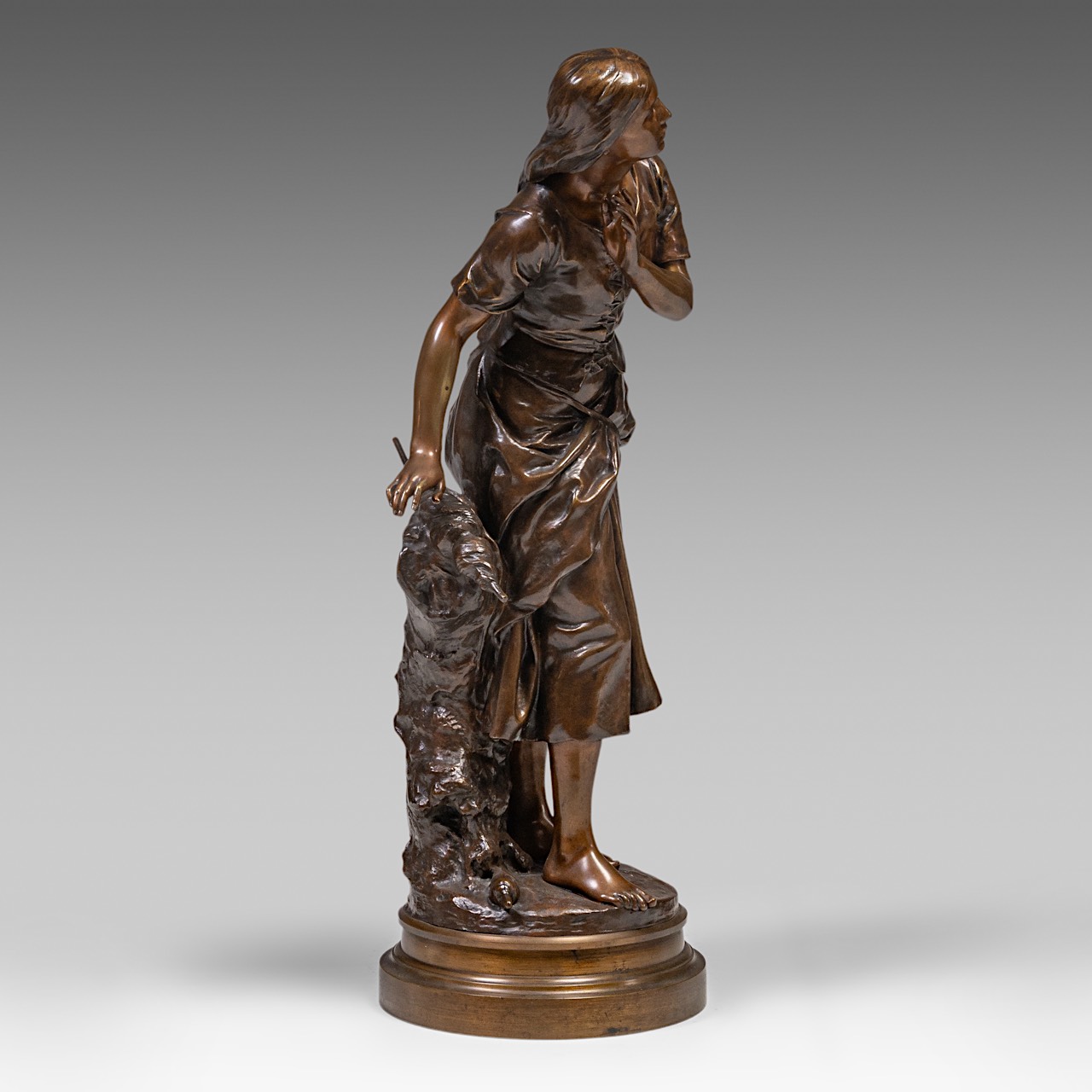 Mathurin Moreau (1822-1912), the spinner, patinated bronze, Hors Concours, H 89 cm - Image 6 of 8