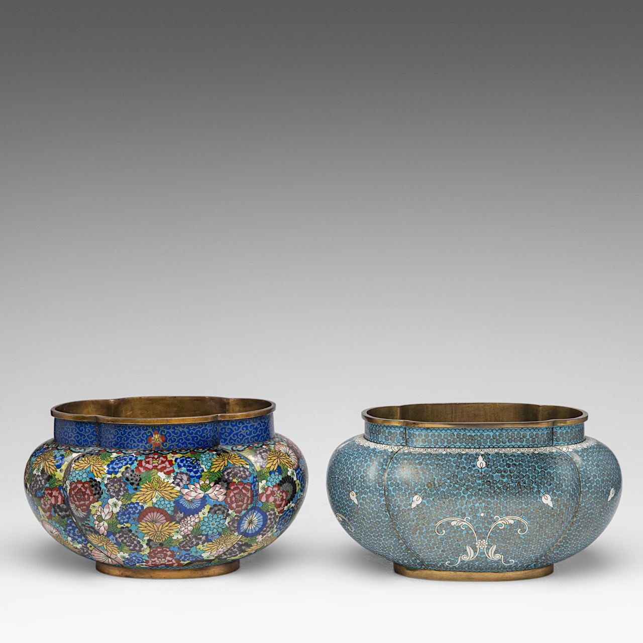 A small collection of two Chinese cloisonne narcissus planters and a pair of Canton enamelled double - Image 7 of 10