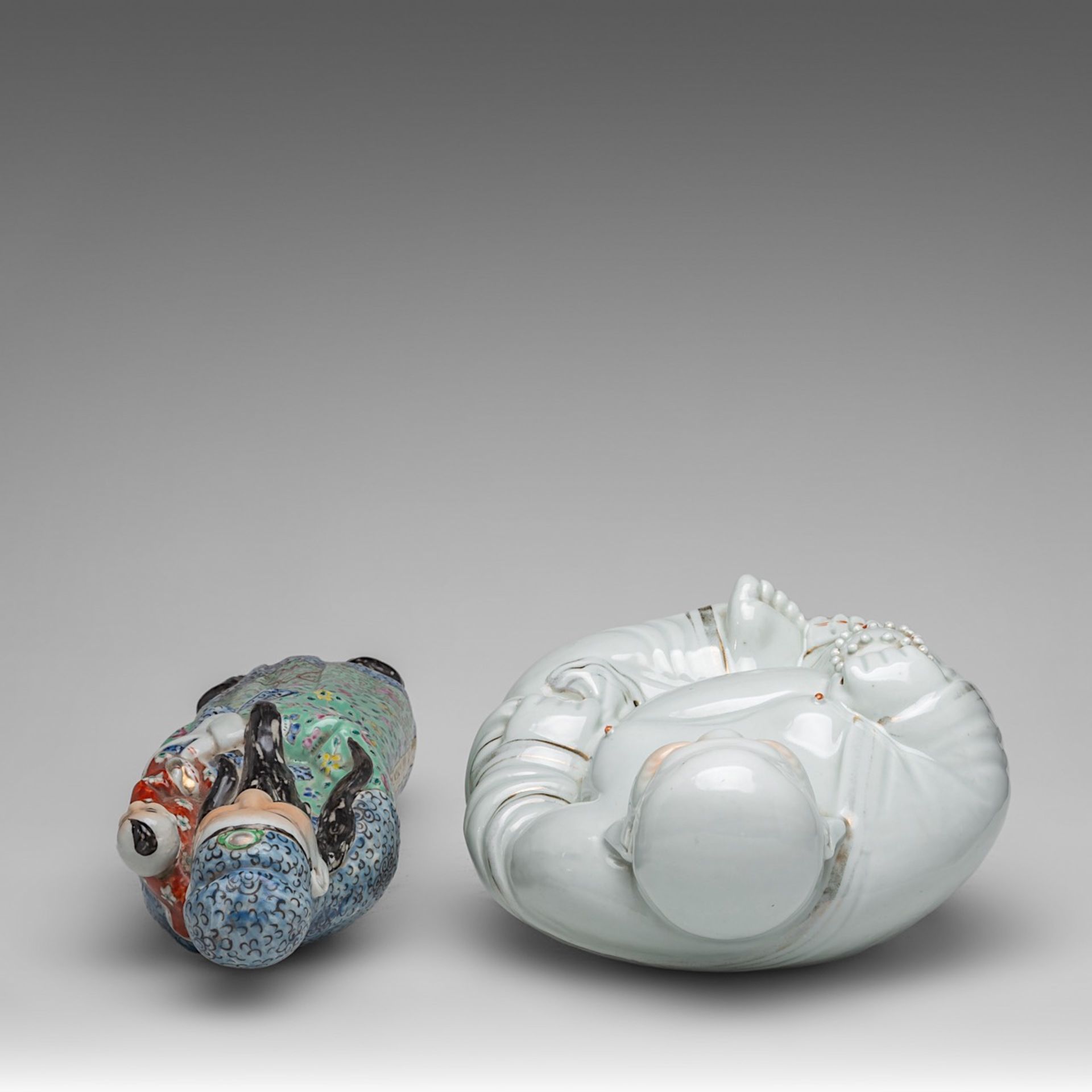 A Chinese famille rose enamelled biscuit figure of a smiling Budai and Fu Xing, one with an impresse - Image 13 of 14