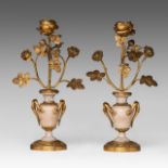 A pair of Louis XVI marble and gilt bronze floral candleholders, H 27 cm