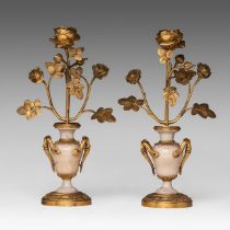 A pair of Louis XVI marble and gilt bronze floral candleholders, H 27 cm