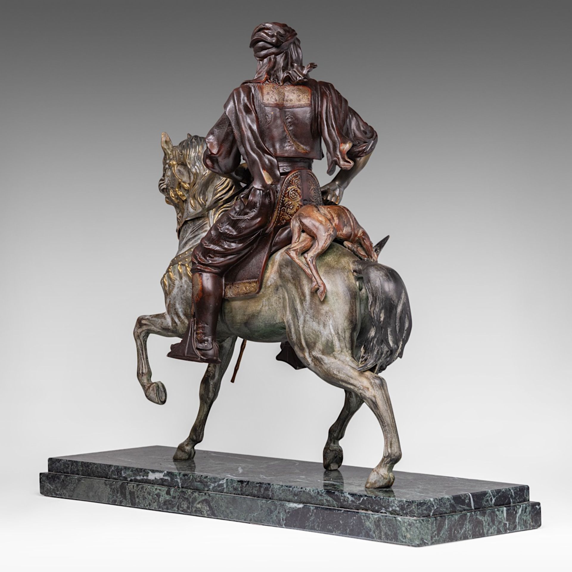 Attrib. to Alfred Barye (1839-1882), Arab horseman, patinated spelter on a vert de mer marble base, - Image 7 of 10