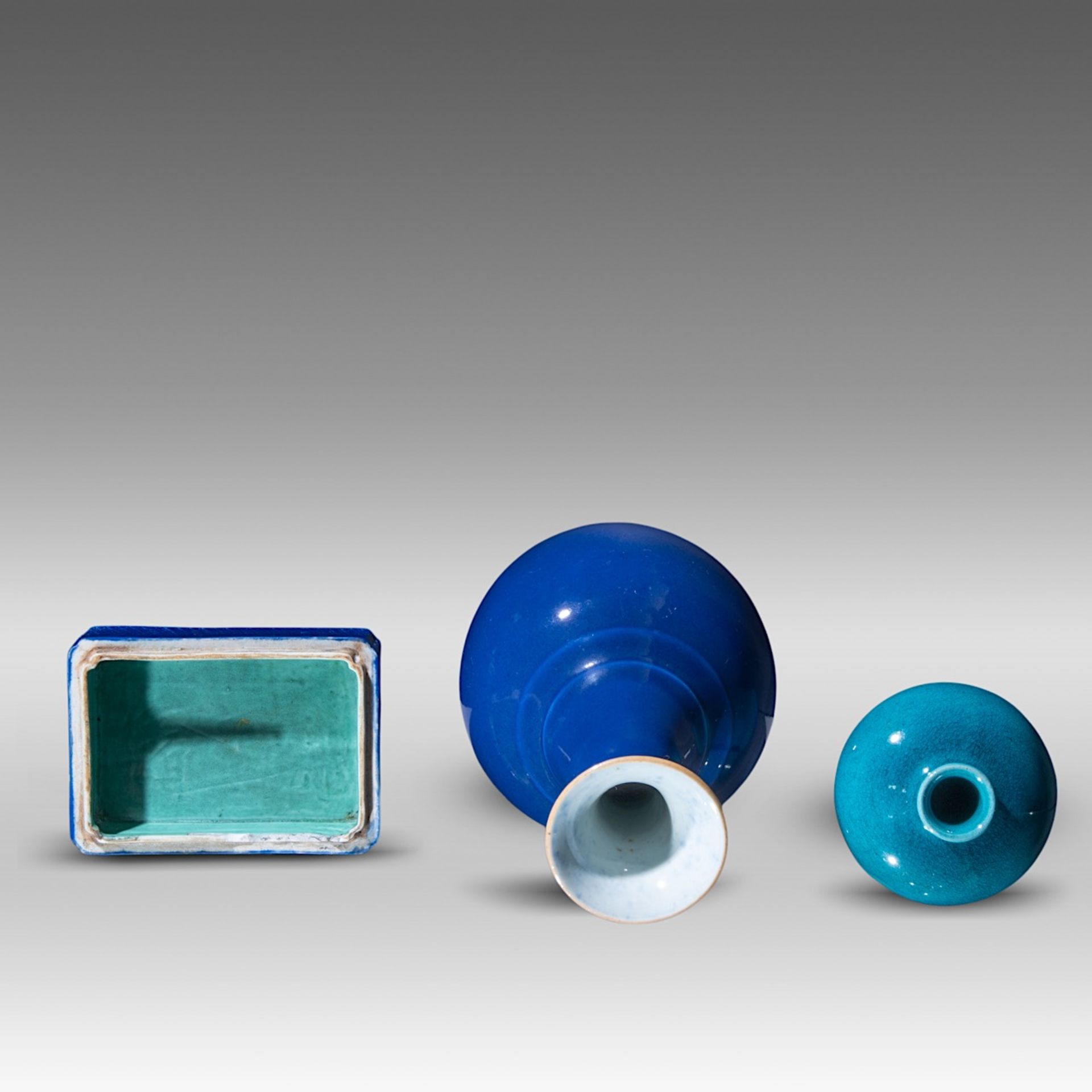 A small collection of three monochrome blue glazed porcelain ware, Qianlong period and late Qing, Ta - Image 6 of 8