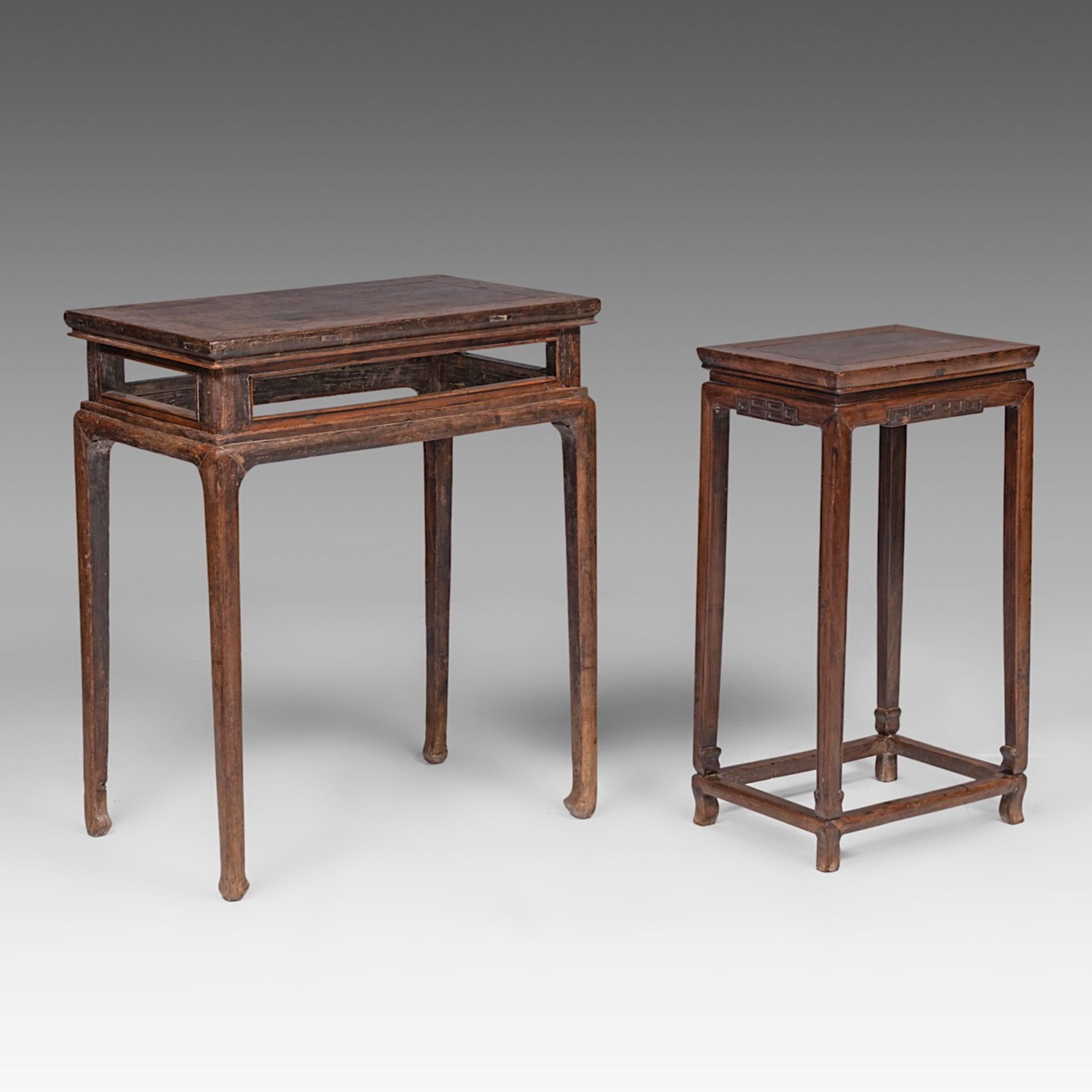 Two Chinese hardwood side tables, mid - late Qing dynasty, largest H 82 - 69 x 42 cm