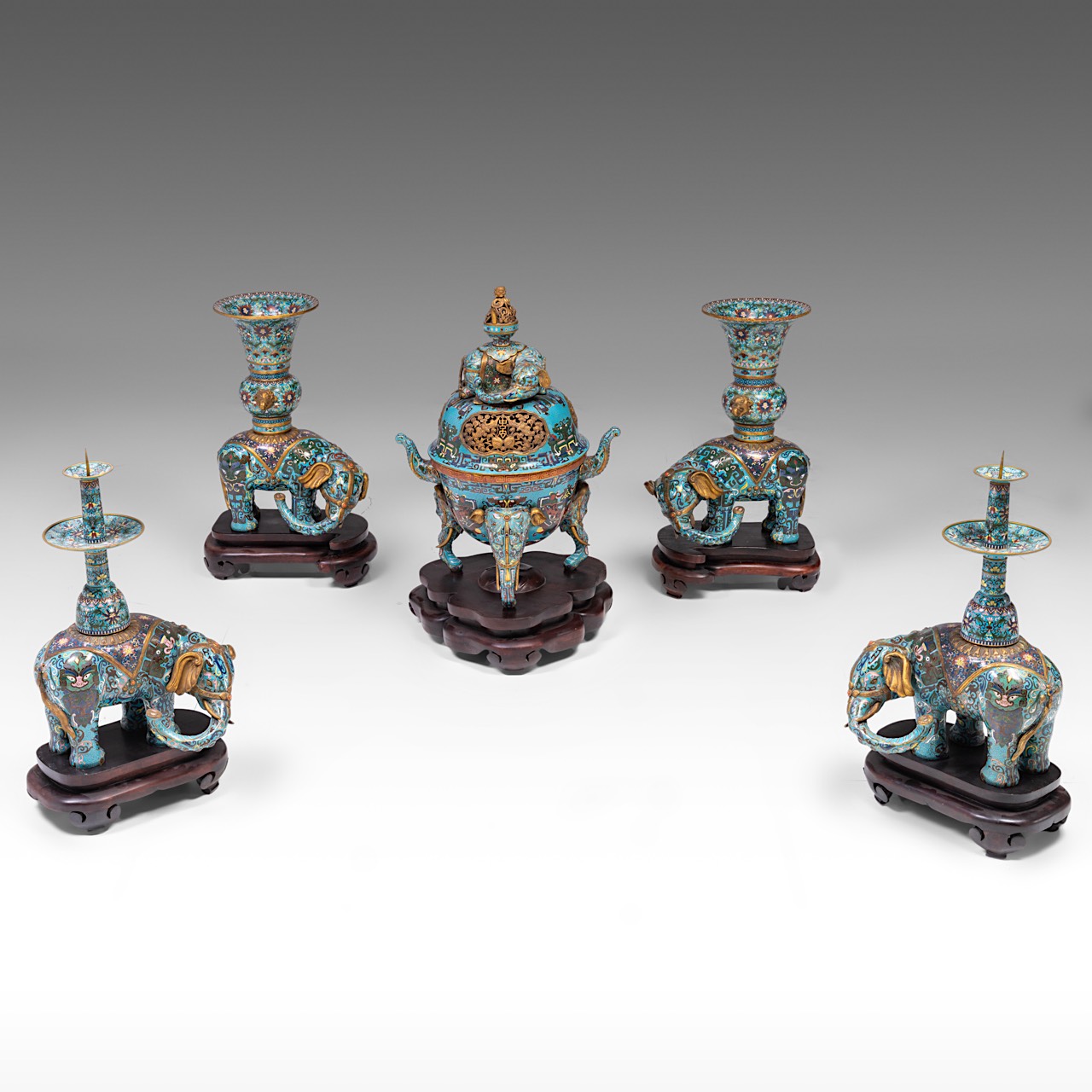 A Chinese five-piece semi-precious stone inlaid cloisonne garniture, late Qing/20thC, tallest H 58 - - Image 2 of 24