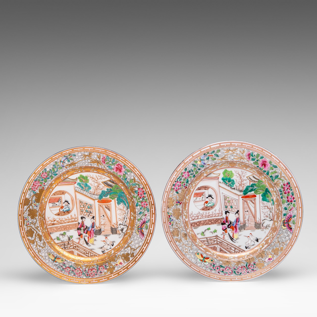 A series of 9 French Samson famille rose 'Romance of the Western Chamber' dishes, 19thC, dia 23,5 - - Image 8 of 11