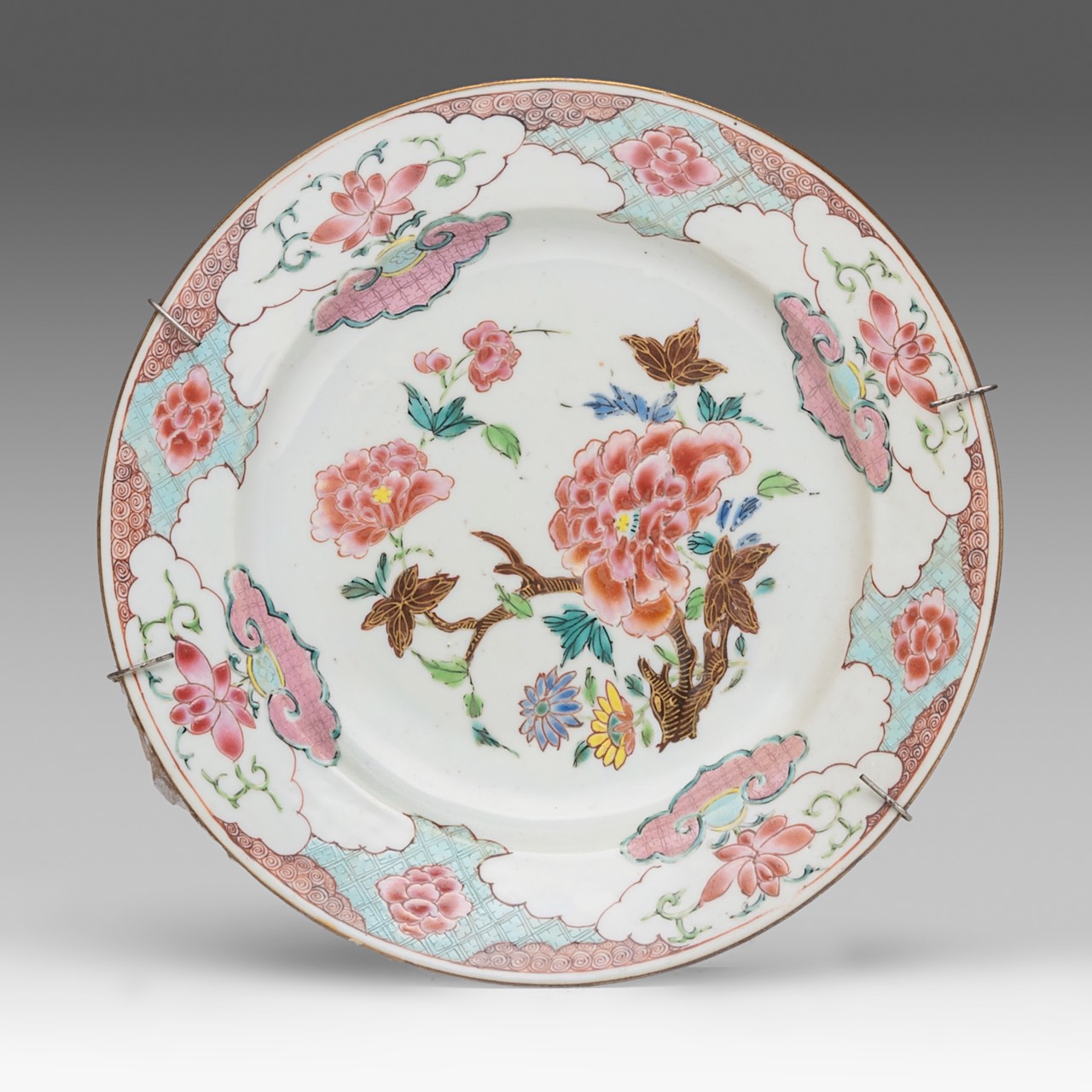 A series of five Chinese famille rose 'Peony' dishes, 18thC, dia 22 cm - added two cafe-au-lait and - Image 6 of 15